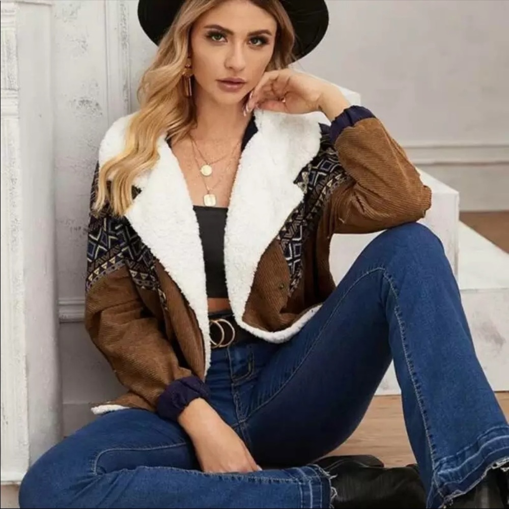 Boho corduroy embroidered shearling jacket brown - Picture 4 of 5